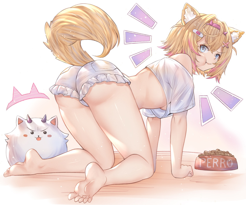 all_fours barefoot dog_food eating fan_mascot_(vtuber) frilled_shorts hololive hololive_english hololive_english_-advent- honkivampy large_ass looking_back mococo_abyssgard raised_clothing see-through shorts soles thick_thighs toes topwear underboob virtual_youtuber wide_hips