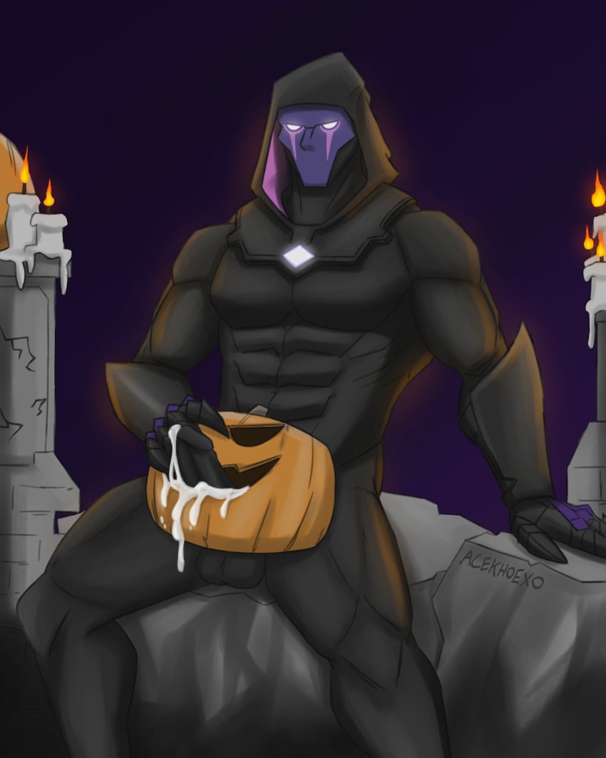 5_fingers acekhoexo arm_down armor balls big_penis black_balls black_body black_glans black_penis bodily_fluids candle candles clawed_fingers claws cum cum_in_pumpkin digital_media_(artwork) dread_omen erection faceless_male fortnite fucking_pumpkin genital_fluids genitals glans glowing_eyes halloween halloween_2022 halloween_pumpkin helmet highres humanoid looking_at_viewer male masked masked_men muscular muscular_male nude nude_male pecs penis pumpkin purple_markings rock signature sitting solo_male stone veiny_penis warrior