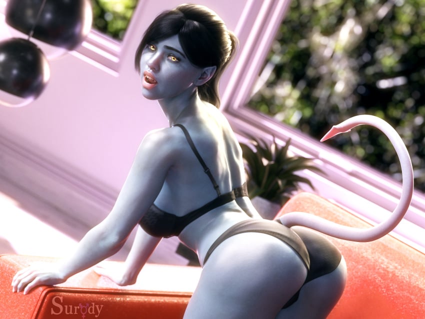 1girls 3d 3d_(artwork) 3d_model black_lingerie blue_skin cgi cgi_girl coat_on_shoulders daz3d daz_studio female glowing_eyes interior lingerie lingerie_only looking_at_viewer nearly_nude original_character pointy_ears seducing seductive seductive_eyes seductive_look seductive_mouth seductive_smile succubus succubus_tail surody window