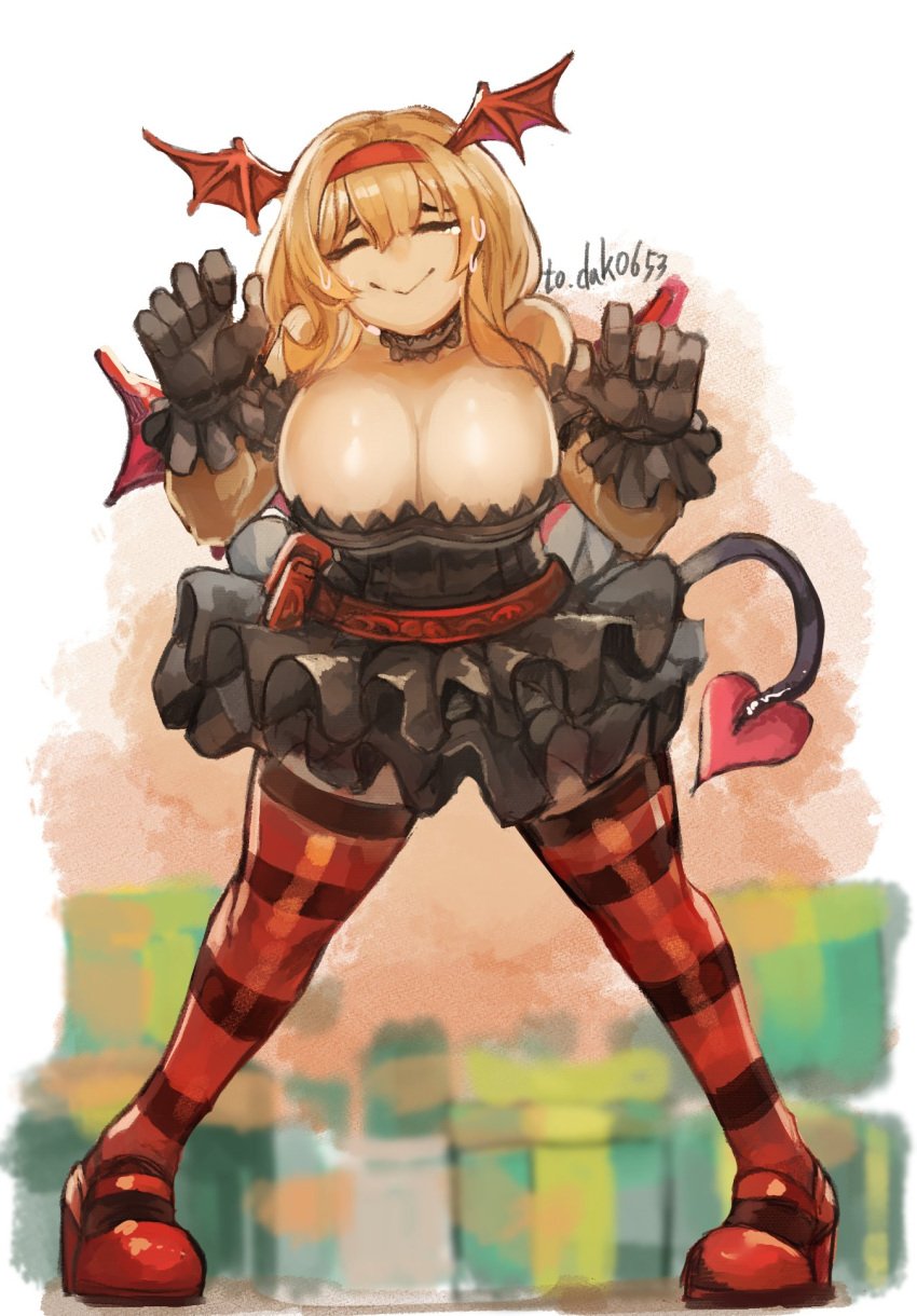 :> black_dress blonde_hair breasts cailleach_bheur_(last_origin) choker cleavage closed_eyes demon_tail demon_wings dress eyes_closed female full_body gloves hairband head_wings highres huge_breasts lace lace_choker larribee last_origin official_alternate_costume red_thighhighs short_hair solo striped striped_legwear striped_thighhighs succubus tail thighhighs wings