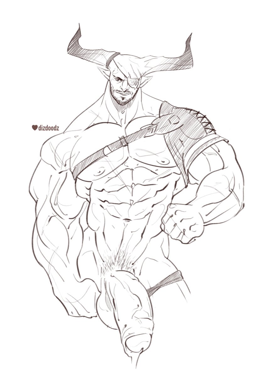 balls bara big_balls big_penis dizdoodz dragon_age eyepatch flaccid horns iron_bull male male_only monochrome muscles muscular penis penis_out qunari solo solo_male underwear_down