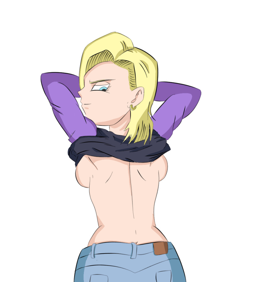 android_18 back_view blue_eyes breasts breasts_out dragon_ball dragon_ball_super nude_female reciodb shirt_up showing_breasts topless yellow_hair