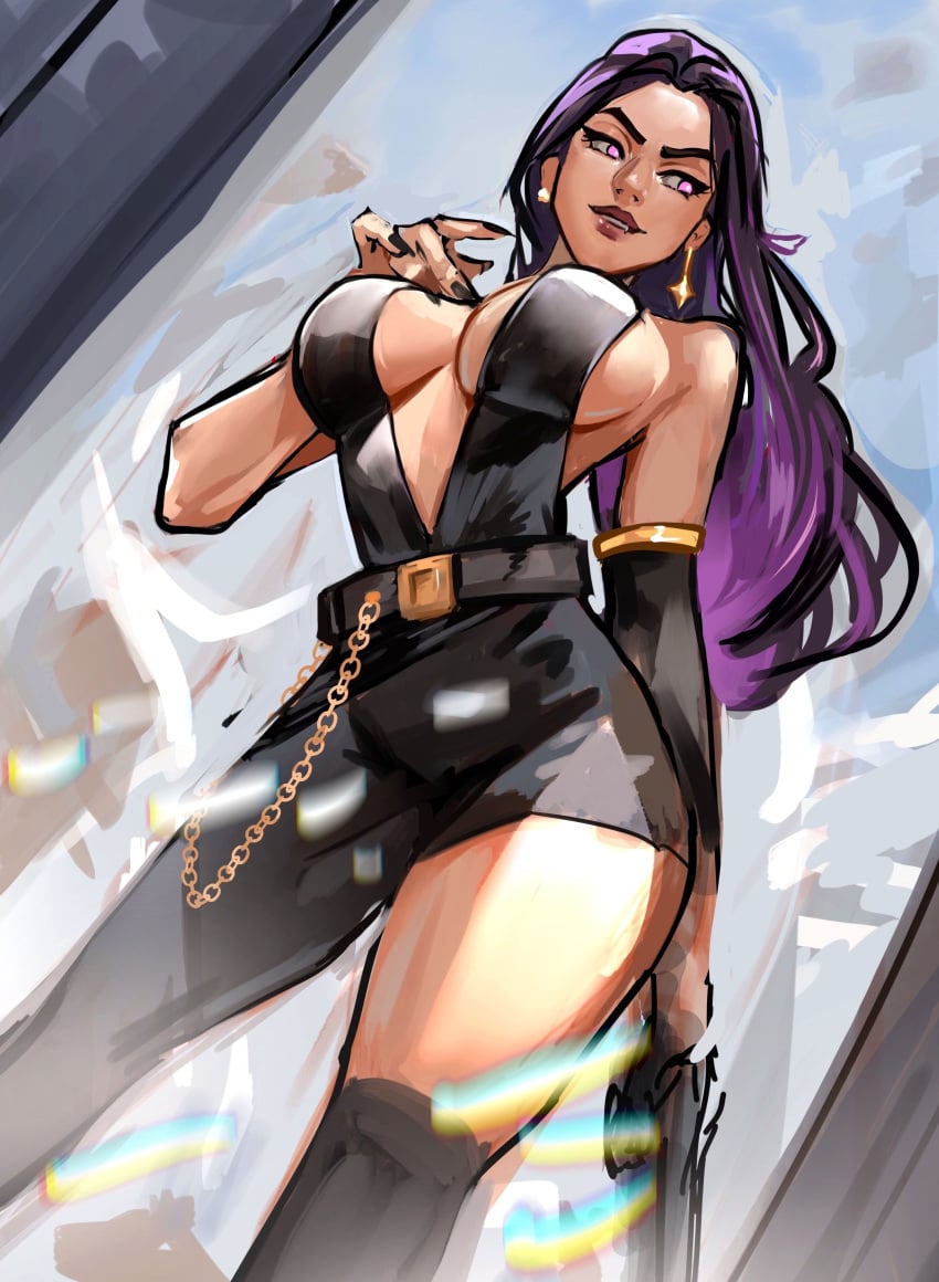 1girls asymmetrical_legwear asymmetrical_sleeves belt big_breasts black_outfit dutch_angle ear_piercing female_only gun long_hair low-angle_view plunging_neckline purple_hair reyna_(valorant) standing underboob valorant vile_jp weapon