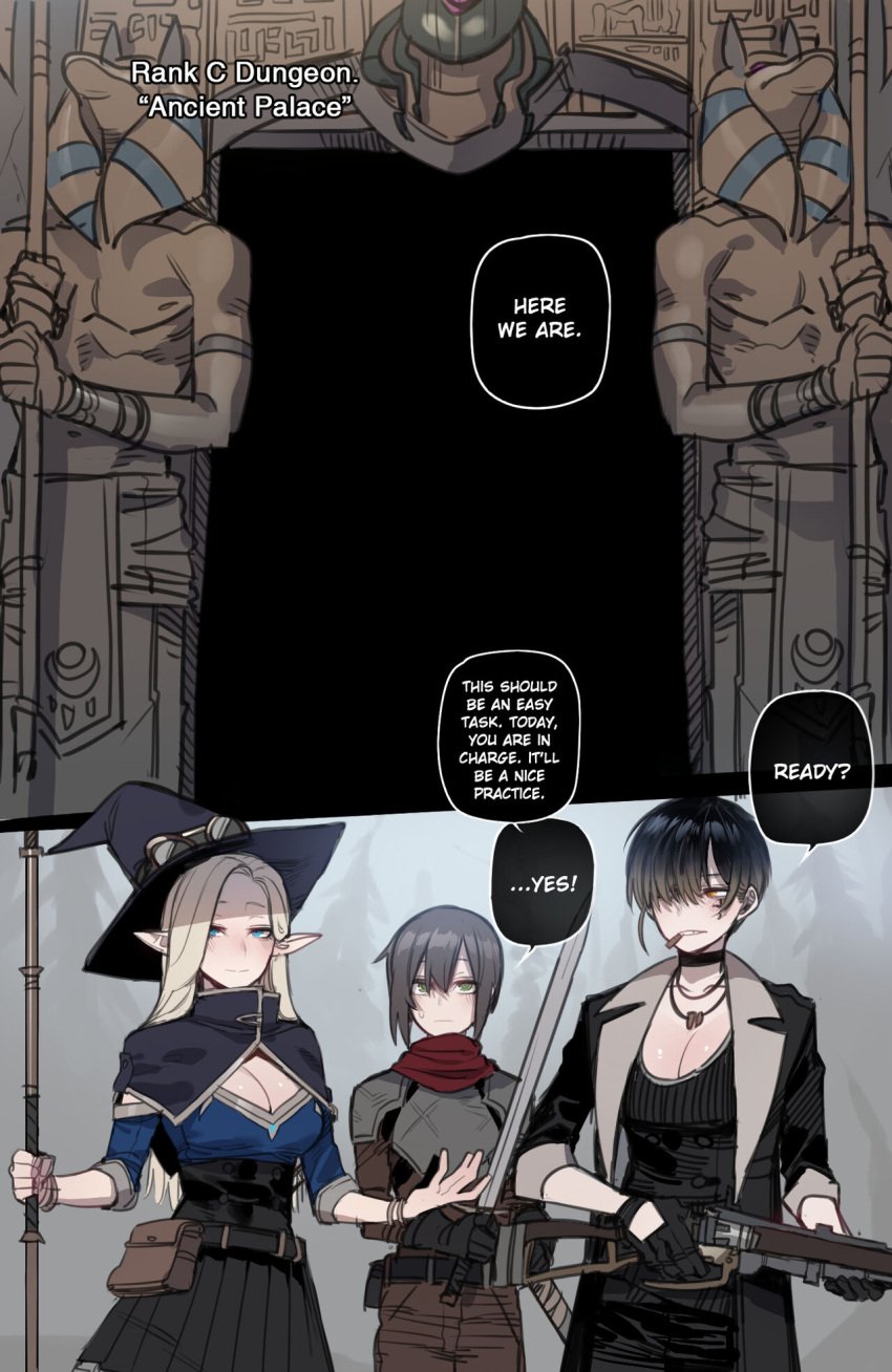 anime_style ashe_(bad_ending_party) bad_ending_party bounty_hunter dungeon egyptian egyptian_mythology elf fantasy female knight lihan_(bad_ending_party) manga ratatatat74 rei_(bad_ending_party) tomboy witch