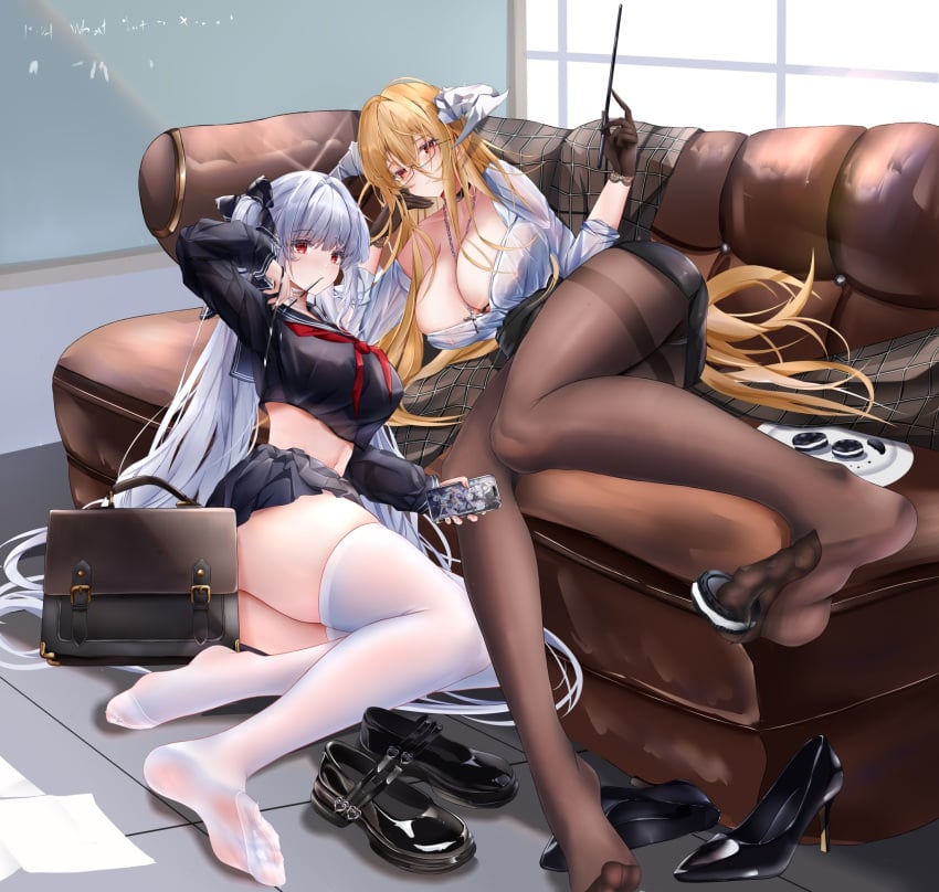 2girls absurdres azur_lane between_toes blonde_hair breasts cookie couch feet food formidable_(azur_lane) formidable_(the_lover's_heart_flutters_on_duty)_(azur_lane) glasses grey_hair highres implacable_(azur_lane) implacable_(shepherd_of_the_"lost")_(azur_lane) iue_(artist) light-skinned_female light_blush light_skin long_hair looking_at_viewer mary_janes multiple_girls nipple_bulge panties pantyhose pantyshot red_eyes royal_navy_(azur_lane) school_uniform see-through see-through_legwear serafuku shoes soles stockings thighhighs toes twintails underwear unworn_shoes wand white_thighhighs