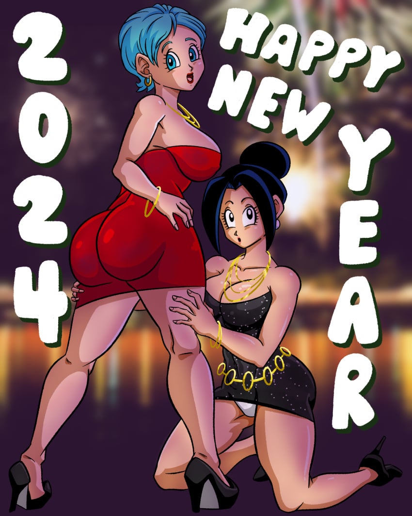 big_ass big_breasts black_eyes black_hair blue_eyes blue_hair bracelets bulma_briefs chichi dragon_ball dress female_only high_heels hoop_earrings jewelry milf necklace new_year_2024 superspacewarrior