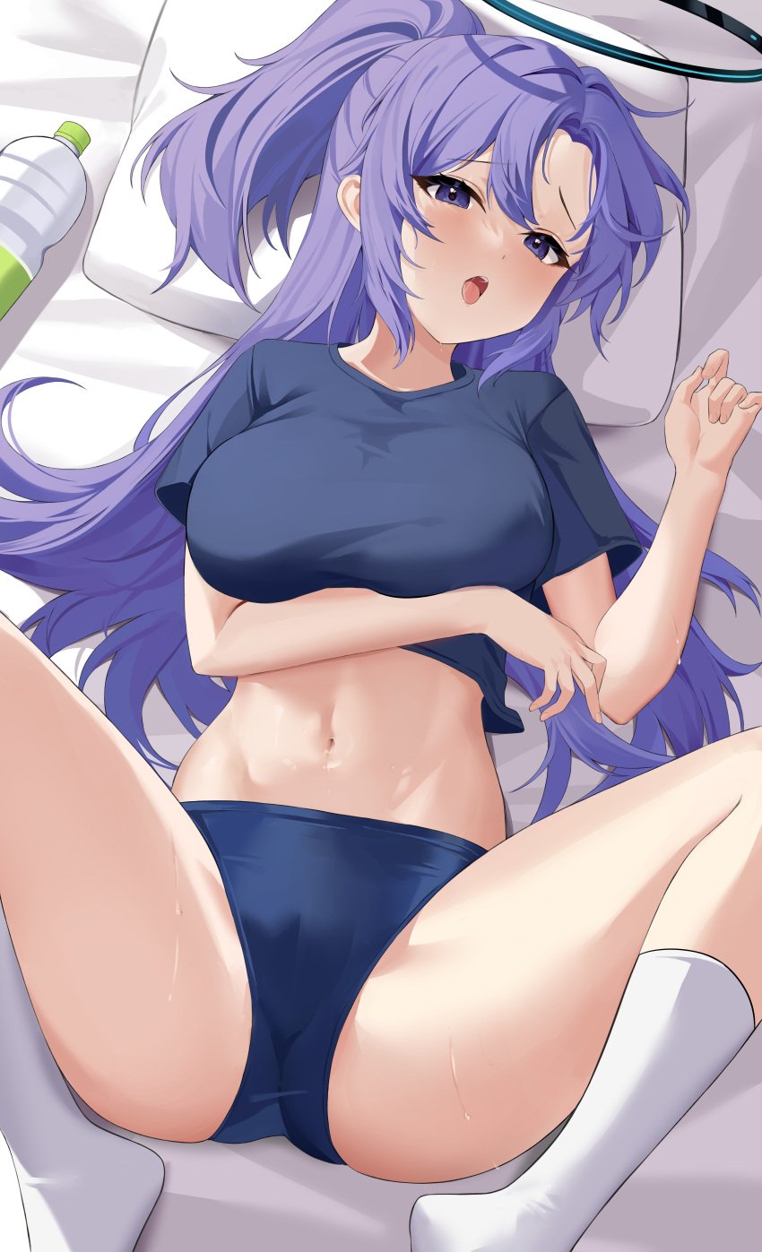 1girls blue_archive blue_buruma blue_eyes blue_hair blue_shirt blush breasts halo large_breasts long_hair looking_at_viewer midriff millennium_science_school_student nacho_(nacho_1103) navel on_back open_mouth parted_bangs seminar_(blue_archive) short_sleeves solo spread_legs thighs tongue tongue_out white_socks yuuka_(blue_archive) yuuka_(gym_uniform)_(blue_archive)