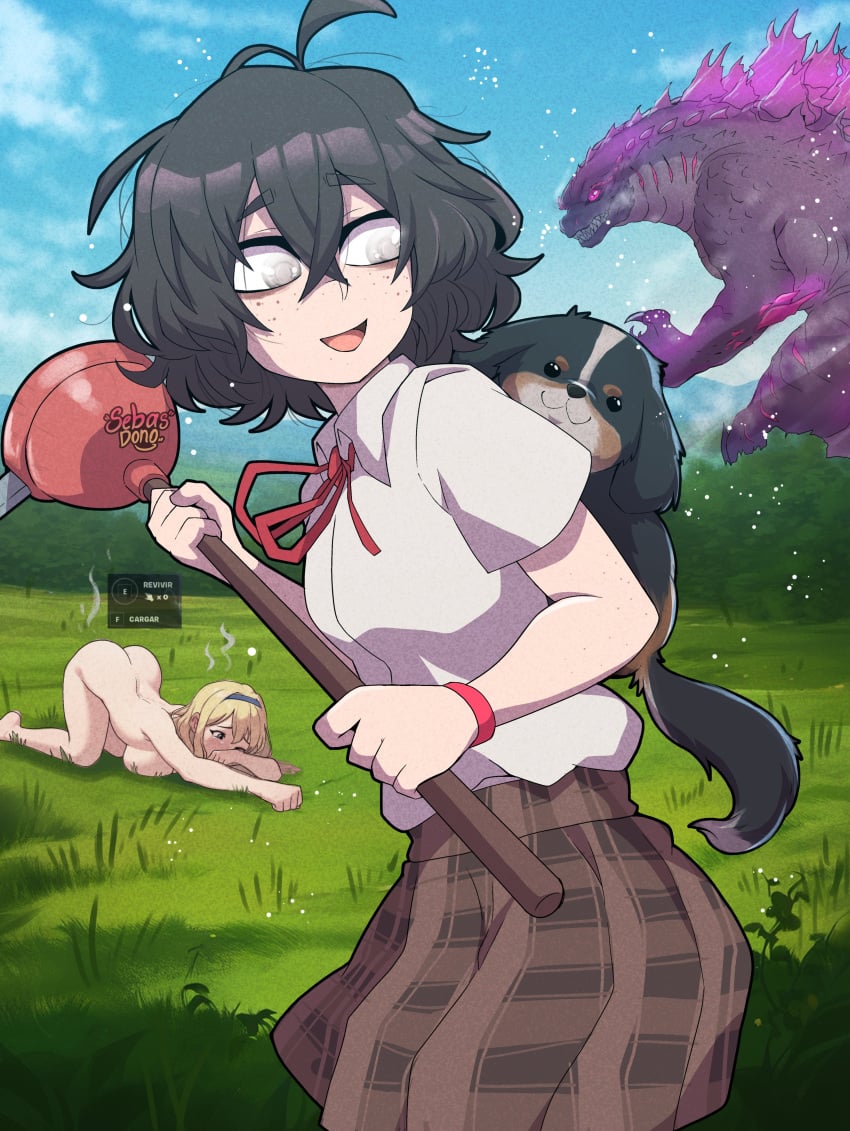 ass black_hair blind blind_eye blind_girl_(popopoka) blonde_girl_(popopoka) blonde_hair canine defeated_heroine erika_(popopoka) fortnite freckles godzilla grass_field hairband nude_female school_uniform sebasdono sophie_(popopoka)