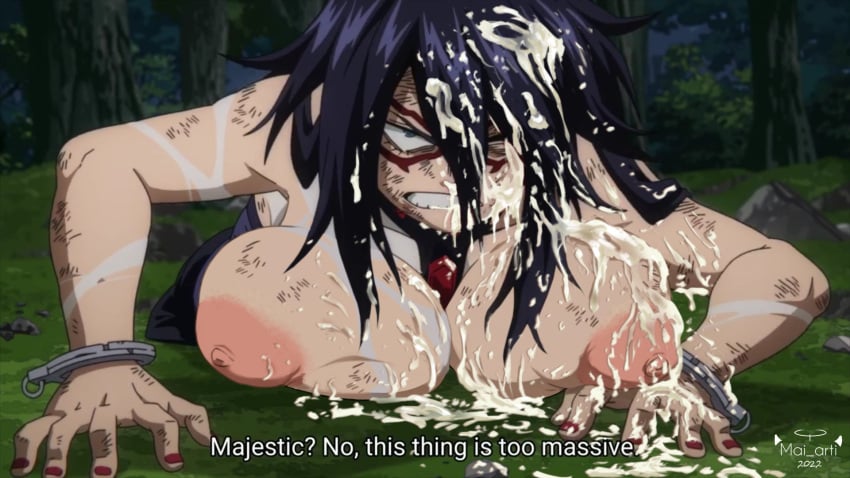 areolae beaten big_areola big_breasts breast_press cuffs cum cum_on_breasts cum_on_face defeated defeated_heroine edit hero_outfit_(mha) huge_breasts imminent_death mai_arti midnight_(my_hero_academia) my_hero_academia nipples on_ground puffy_areola rape