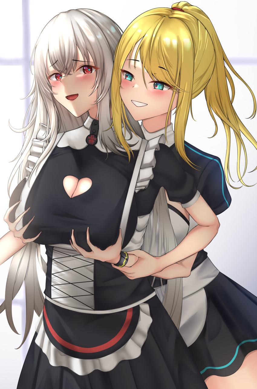 2girls apron azur_lane blonde_hair blue_eyes bracelet breast_grab breasts cleavage_cutout enmaided grabbing_breasts grabbing_from_behind graf_zeppelin_(azur_lane) grey_hair heart-shaped_pupils heart_cutout large_breasts long_hair maid maid_apron maid_uniform metroid misapika nintendo ponytail red_eyes samus_aran yuri