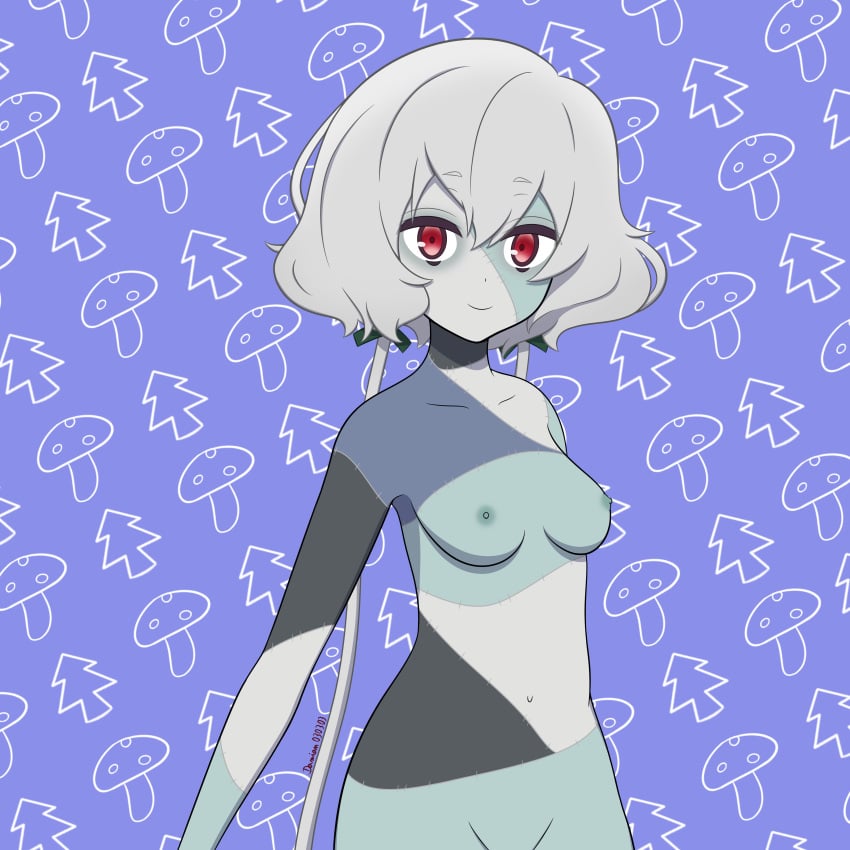 anime anime_style exposed_breasts exposed_nipples floofy_hair konno_junko looking_at_viewer medium_breasts nude nude_female patchwork_skin red_eyes smile smiling smiling_at_viewer stitches visible_nipples white white_hair zombie_girl zombie_land_saga