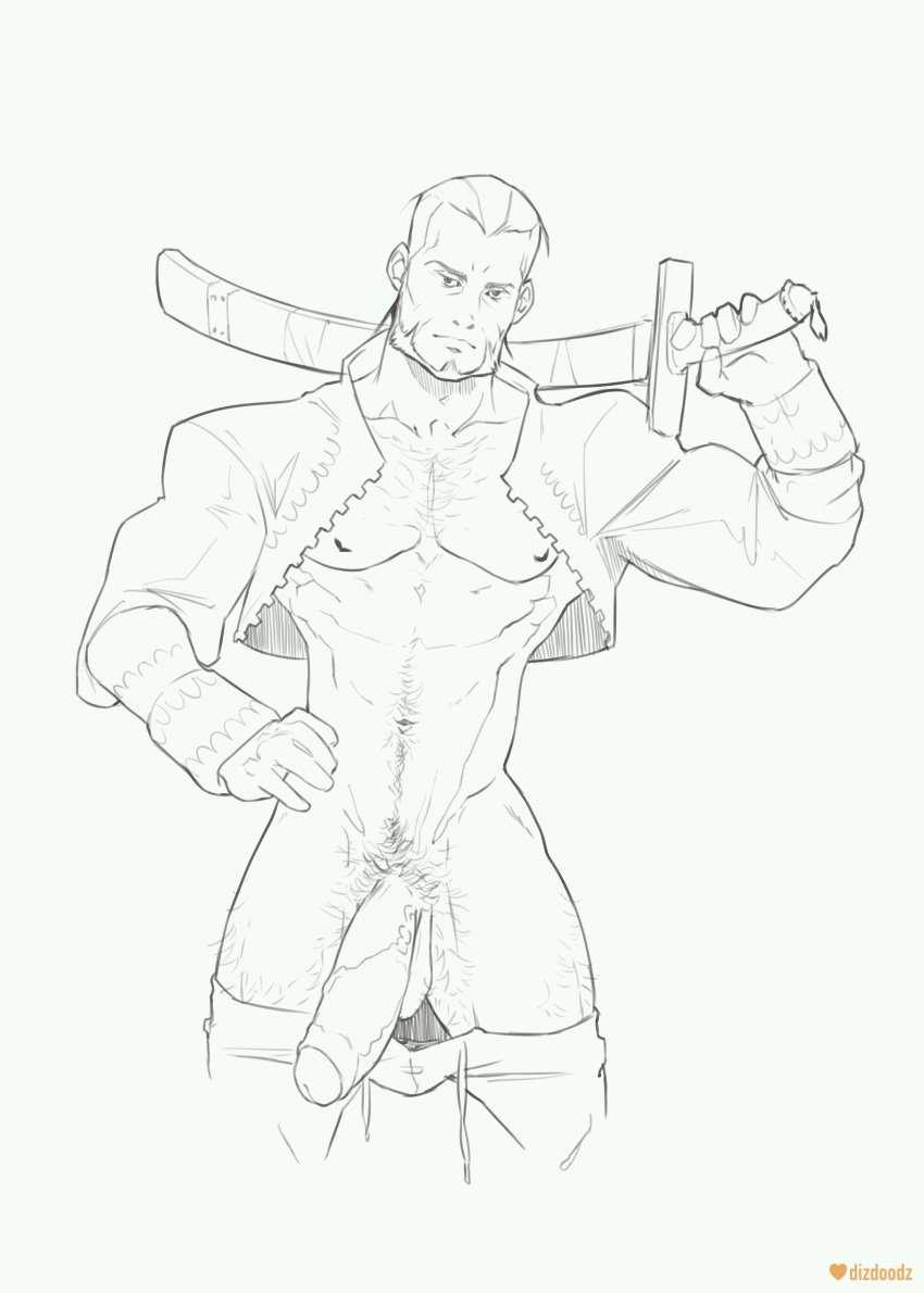 1boy balls bara big_penis cocky daddy dizdoodz john_hardin katana line_art looking_at_viewer male male_only manly monochrome muscles muscular muscular_male pants_down penis solo solo_male vagrant_story video_games white_background