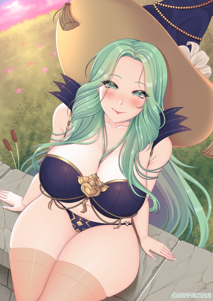 1girls absurdres alternate_costume arm_support bare_shoulders bare_thighs blue_panties blush breasts cleavage cryptid_crab curvy female fire_emblem fire_emblem:_three_houses fire_emblem_heroes from_above green_eyes green_hair halloween hat highres large_breasts long_hair looking_at_viewer looking_up navel nintendo official_alternate_costume outdoors panties rhea_(fire_emblem) sitting smile thick_thighs thighhighs thighs underwear very_long_hair white_nails witch witch_hat