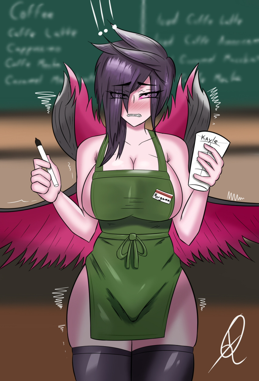 !!! 1girls apron big_breasts black_hair blush cleavage embarrassed female hair_over_one_eye huge_breasts humanoid iced_latte_with_breast_milk league_of_legends marker meme morgana name_tag pink_eyes pink_sclera purple_eyes purple_hair qiyarts sideboob signature solo stockings tagme thick_thighs thighhighs trembling watermark wings