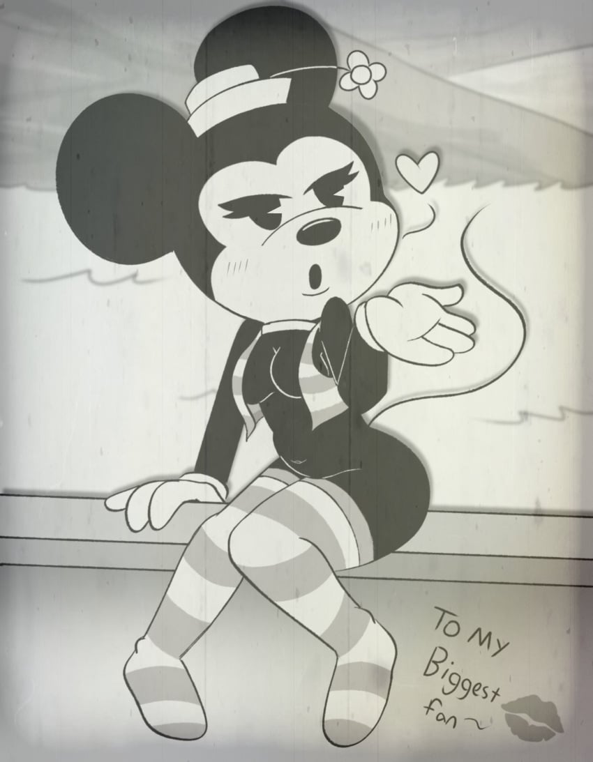 anthro anthro_only ass blowing_kiss blush breasts clothed clothing collar disney female gloves handwear hi_res legwear mammal minnie_mouse monochrome mouse murid murine partially_clothed photo pose rodent sitting solo stockings thighs weirdkoaladream