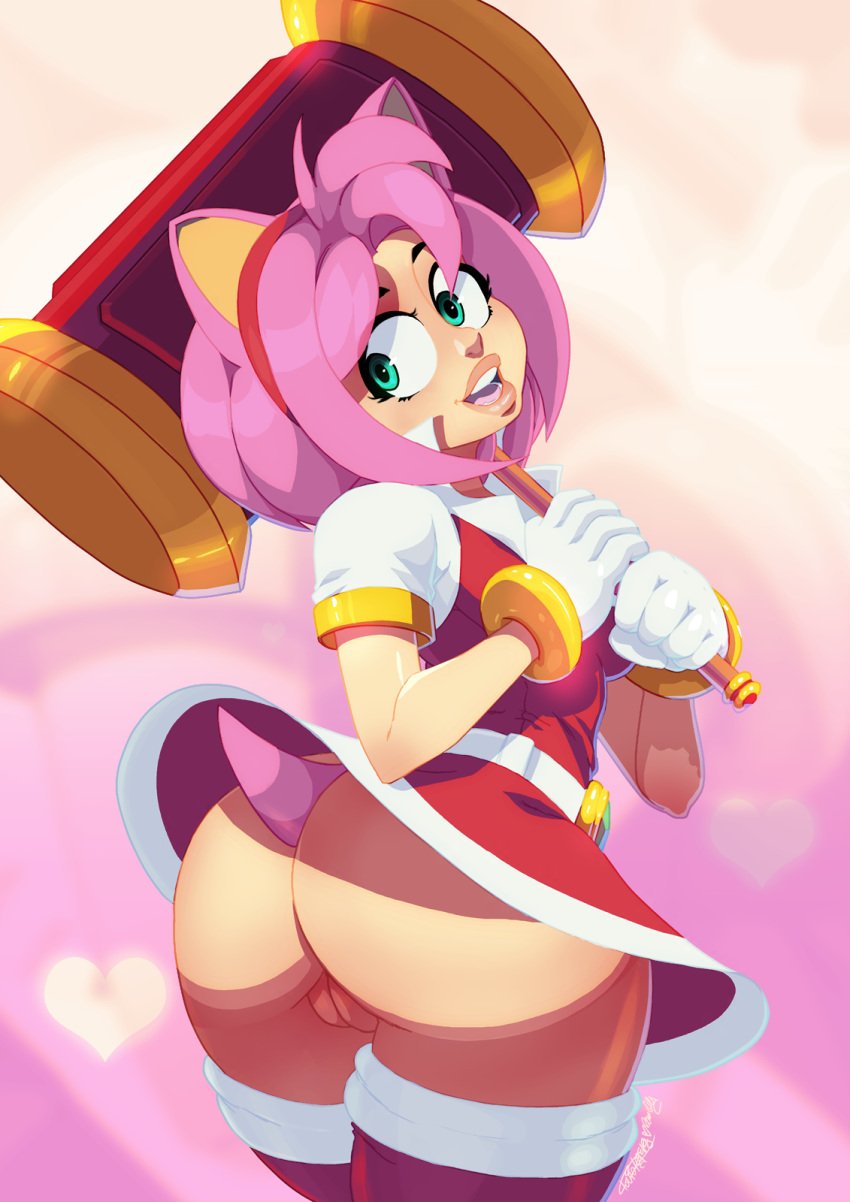 2d 2d_(artwork) 2d_artwork amy_rose ass ass_focus belt belt_buckle big_ass big_breasts big_butt bubble_ass bubble_butt diadem exposed_pussy eyelashes female female_focus female_only gloves green_eyes happy_female hearts_around_body hi_res highres open_eyes open_mouth open_smile panties piko_piko_hammer pink_background pink_hair pink_pussy pussy pussy_focus pussy_lips red_clothing red_diadem red_skir sega shiny_lips skirt sonic_(series) sonic_the_hedgehog_(series) stockings tail thick thick_butt thick_lips thick_thighs thin_waist tight_clothes tight_clothing tovio_rogers vagina white_clothing