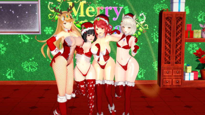 4girls big_breasts bikini blonde_hair blue_hair cat_ears christmas group lin_lee_koo mio_(xenoblade) mythra_(xenoblade) only_female presenting pyra_(xenoblade) red_eyes red_hair small_breasts teenager white_hair xenoblade_(series) xenoblade_chronicles_2 xenoblade_chronicles_3 yuri