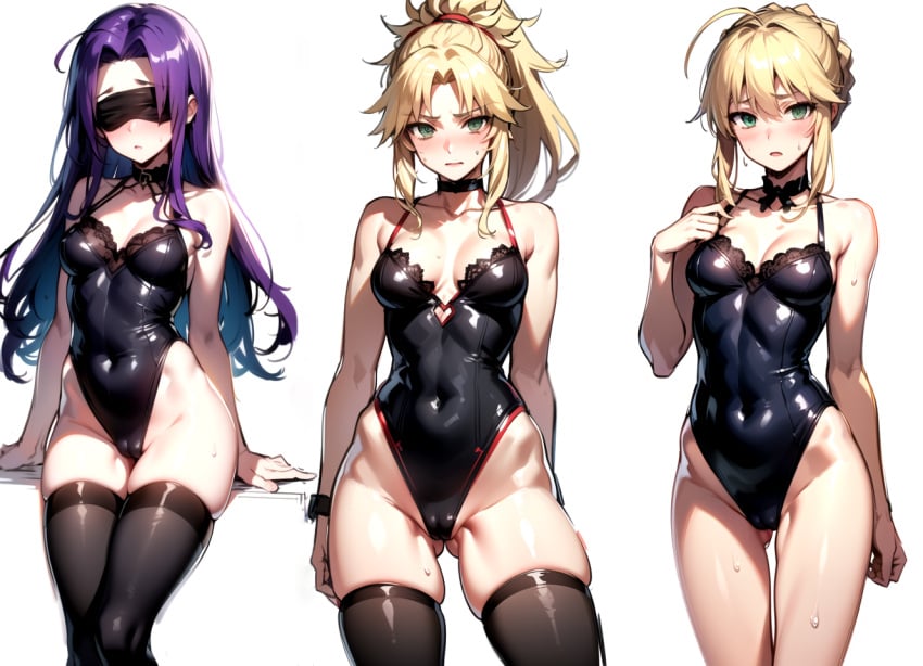 2024 3girls ahoge ai_generated artoria_pendragon blindfold blonde_hair blush cameltoe choker fate_(series) female female_focus female_only green_eyes kxy long_hair medusa_(fate) mordred_(fate) ponytail purple_hair red_ribbon stockings