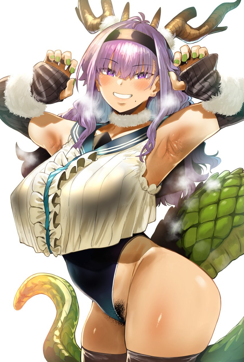 1girls armpits arms_up breasts dragon_girl dragon_horns female hero_neisan hi_res huge_breasts large_breasts leotard long_hair naughty_face new_year new_year_2024 original_character pubic_hair purple_eyes purple_hair slim_waist smile tail thick_thighs wide_hips