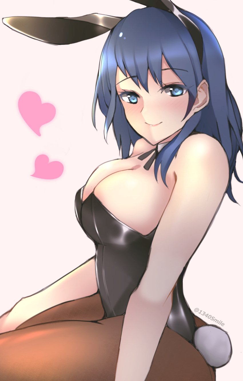 1340smile 1girls alternate_costume blue_eyes blue_hair breasts bunny_ears bunny_girl bunnysuit byleth_(fire_emblem) byleth_(fire_emblem)_(female) cleavage fire_emblem fire_emblem:_three_houses large_breasts leotard looking_at_viewer medium_hair nintendo pantyhose pink_background sideboob sitting smile solo