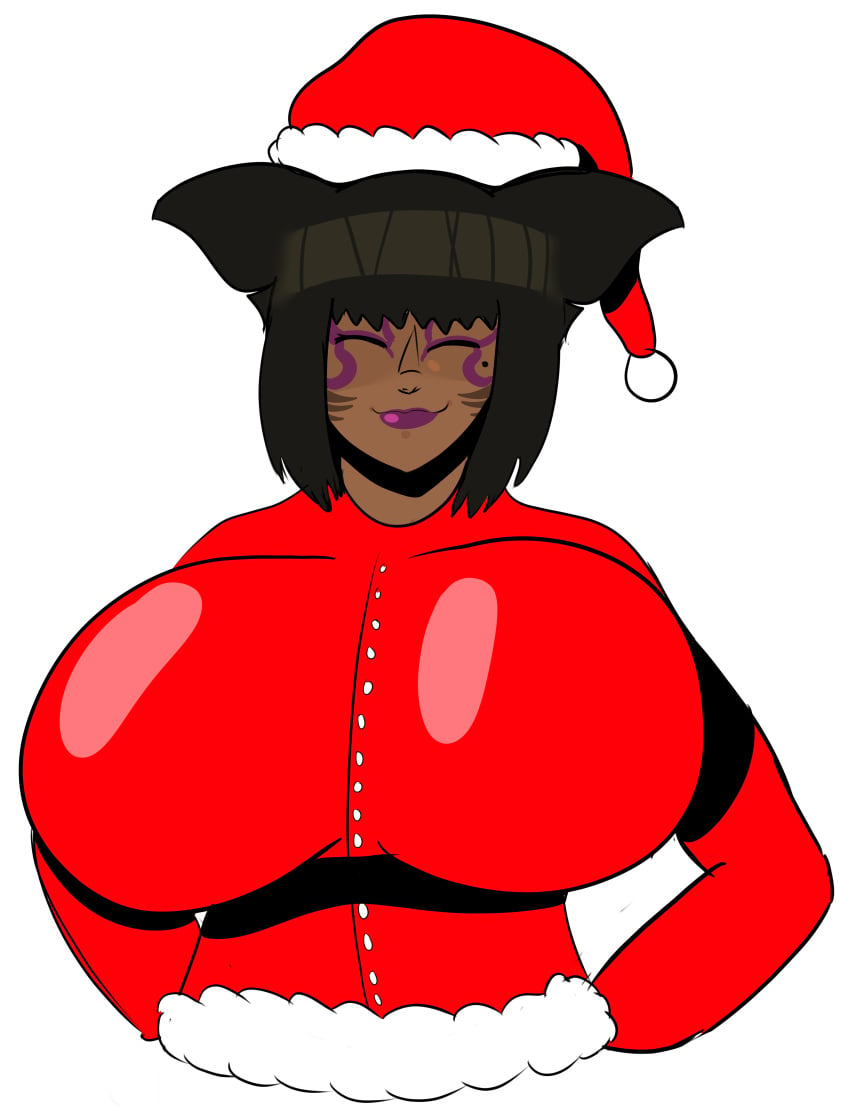 1girls 2023 black_hair cash_mummy cat_ears catgirl christmas christmas_2023 dark-skinned_female egyptian facepaint female female_only final_fantasy final_fantasy_xiv huge_breasts hyper hyper_breasts miqo'te purple_lipstick smiling square_enix tagme weaponizedpornography