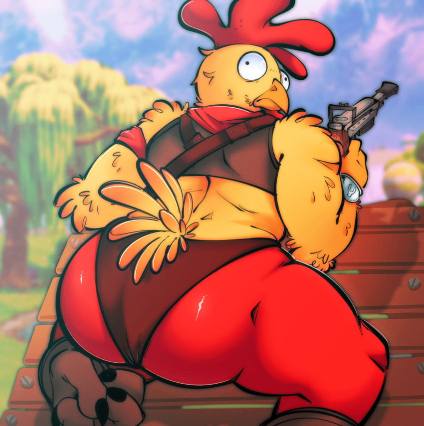 anthro ass avian big_ass big_butt chicken clothed clothing fortnite fortnite:_battle_royale gay gay_sex gun looking_back male male_only salamikii solo solo_male tender_defender tight_clothing tights underwear video_games