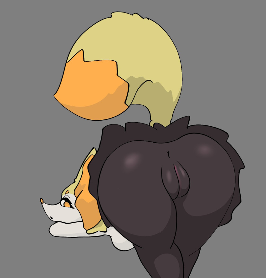 anthro anus ass ass_up black_body black_fur braixen breasts dipstick_tail eyelashes female fur generation_6_pokemon genitals grey_background hi_res looking_at_viewer looking_back looking_back_at_viewer markings nintendo orange_body orange_eyes orange_fur plump_labia pokemon pokemon_(species) pussy rear_view renta simple_background solo tail tail_markings thick_thighs white_body white_fur wide_hips yellow_body yellow_fur