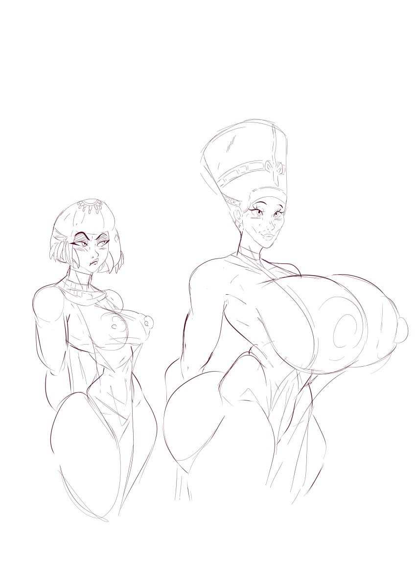 2 breast_envy cleopatra daysy egyptian_female girls hyper_breasts line_art nefertiti sketch