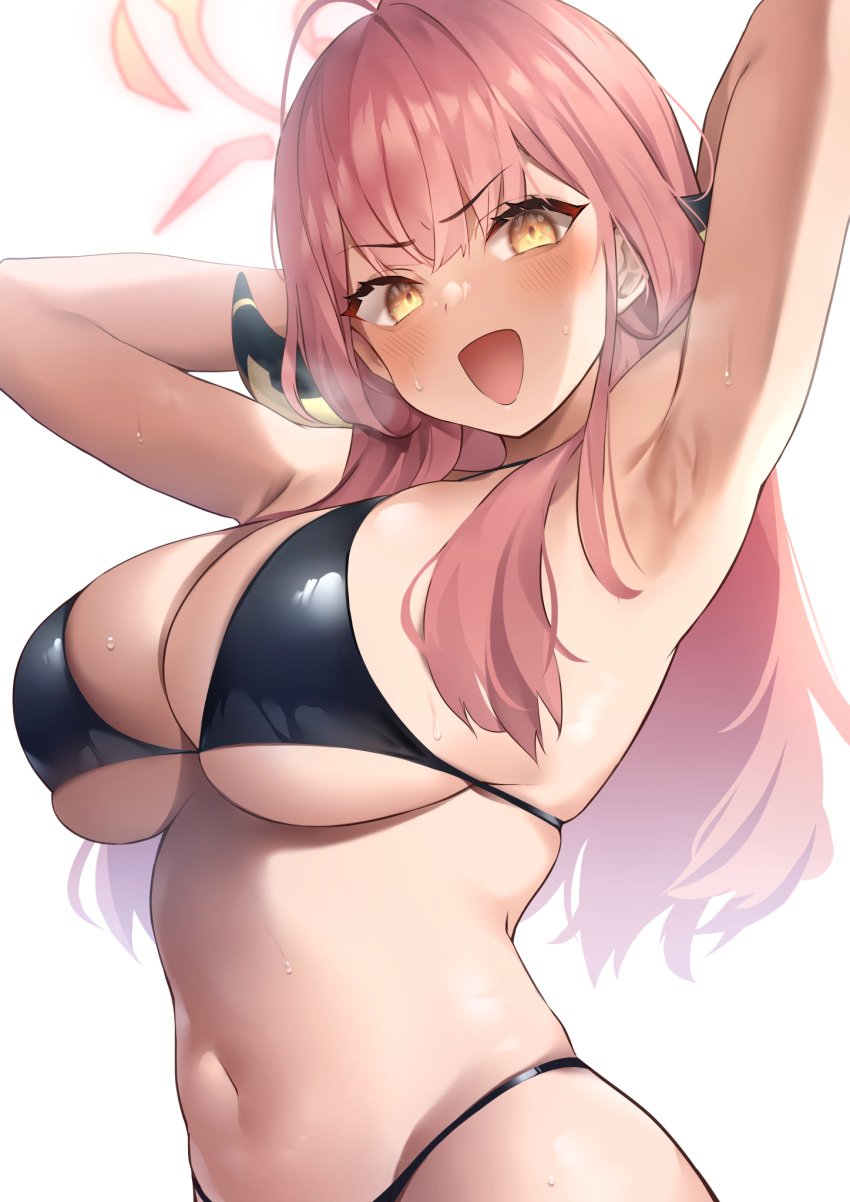 1girls ahoge armpits arms_up aru_(blue_archive) bangs bikini black_bikini blue_archive blush breasts eyebrows_visible_through_hair female female_focus female_only from_side gehenna_academy_student halo halterneck highres horns large_breasts long_hair navel open_mouth pink_hair problem_solver_68_(blue_archive) simple_background skindentation solo solo_female solo_focus string_bikini sweat swimsuit upper_body usa_b v-shaped_eyebrows white_background yellow_eyes