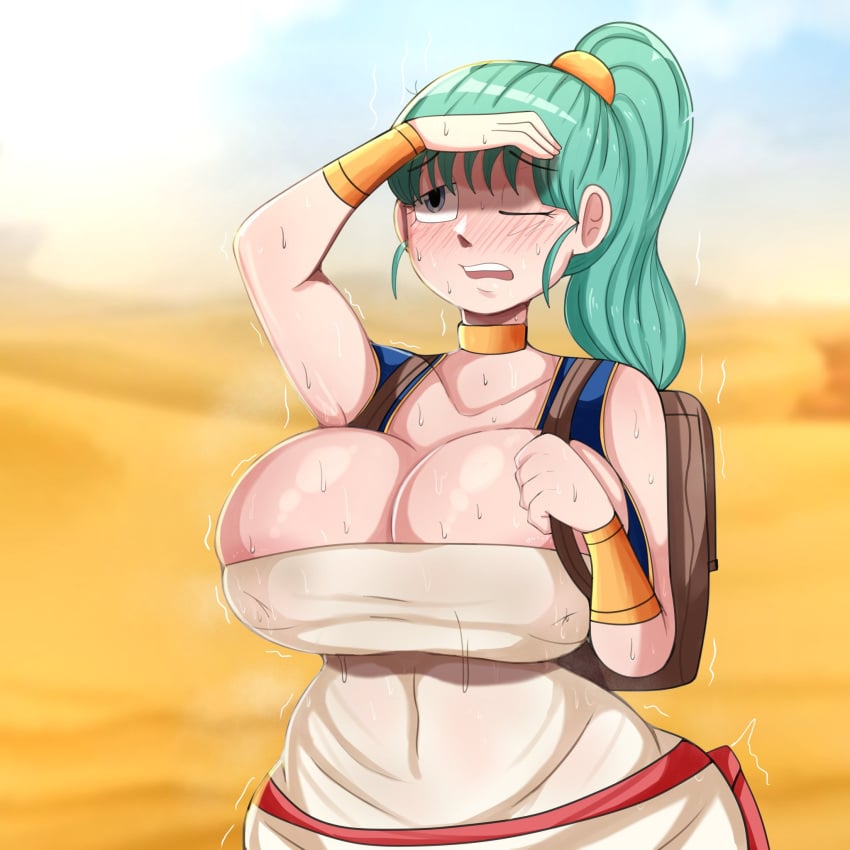 1girls alternate_version_available big_breasts blue_hair breasts bulma_briefs dessert dragon_ball dragon_ball_(classic) female female_focus female_only huge_breasts massive_breasts murox78 sweat sweatdrop sweating tagme