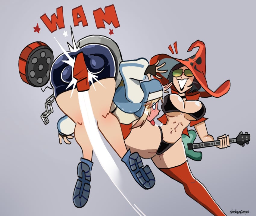 1boy 1girl artist_name ballbusting balls big_breasts black_hair black_lipstick blonde_hair blush bra bridget chicken0chips female guilty_gear guilty_gear_strive i-no kicking kicking_balls lingerie lipstick long_boots male shocked_expression thick_thighs thong tongue tongue_out wide_hips