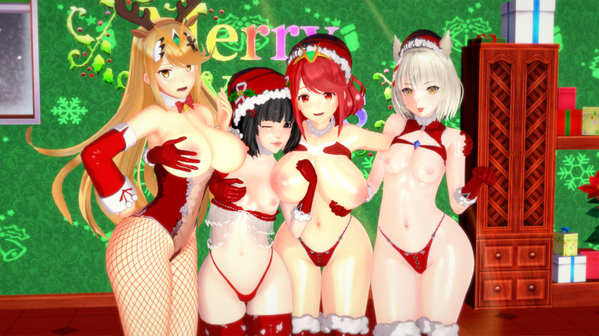 4girls big_breasts bikini blonde_hair blue_hair breast_grab breasts breasts_out cat_ears christmas group lin_lee_koo mio_(xenoblade) multiple_girls mythra_(xenoblade) only_female presenting pyra_(xenoblade) red_eyes red_hair small_breasts white_hair xenoblade_(series) xenoblade_chronicles_2 xenoblade_chronicles_3 yuri