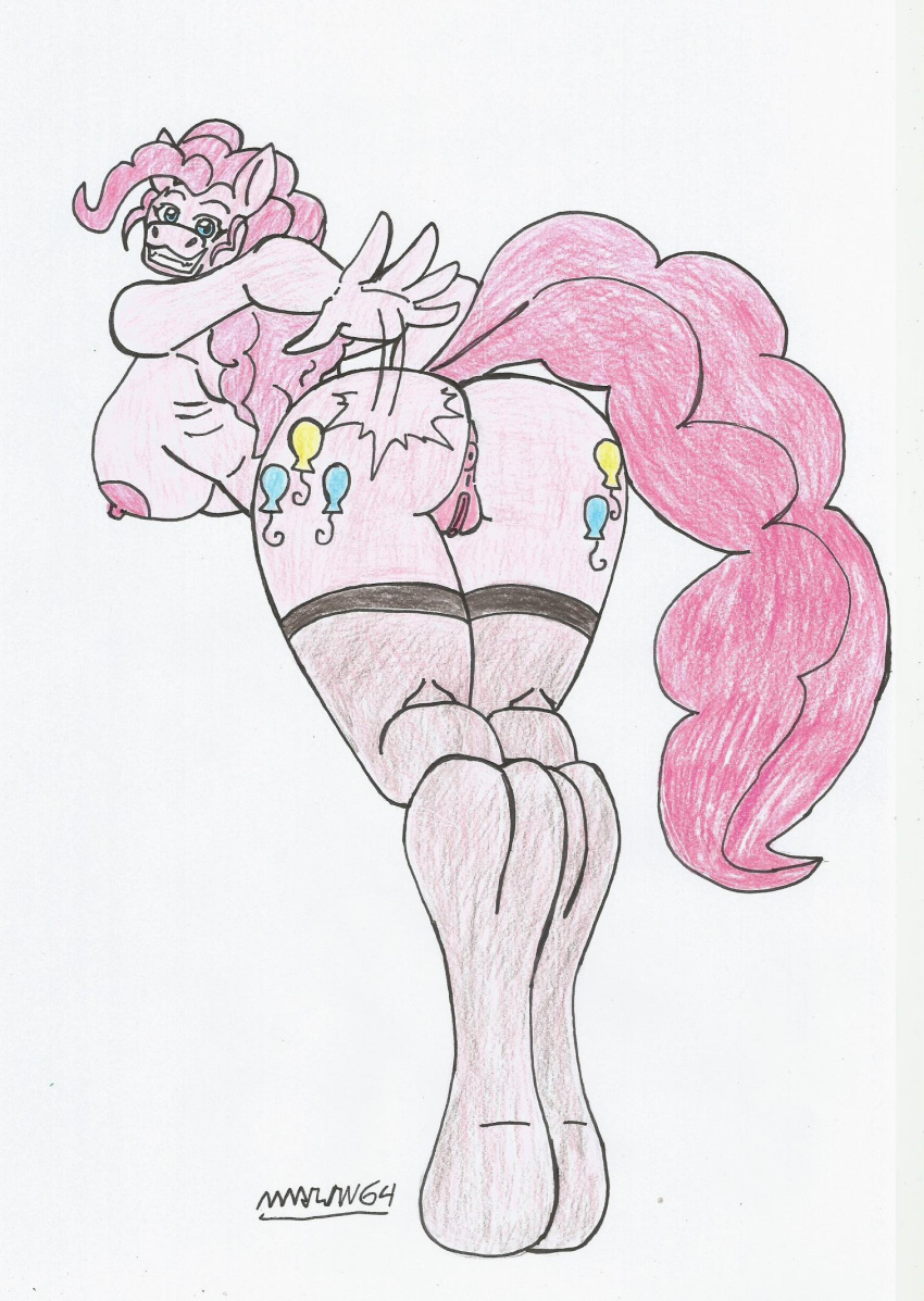 anthro big_ass big_breasts big_butt blue_eyes dat_ass furry hasbro looking_at_viewer looking_back marlon64 my_little_pony my_little_pony_friendship_is_magic naked_female naked_stockings pink_body pink_fur pink_hair pink_nipples pink_pussy pinkie_pie_(mlp) pony showing_ass slapping_own_ass smile smiling_at_viewer solo traditional_drawing_(artwork) white_background