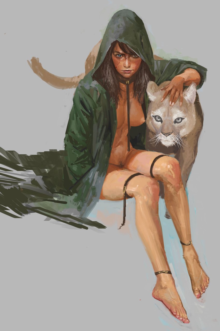 2girls animal far_cry far_cry_5 feet feline female female_only functionally_nude jess_black long_hair looking_at_viewer masateru medium_breasts peaches_(far_cry_5) pubic_hair raincoat realistic scar simple_background sitting