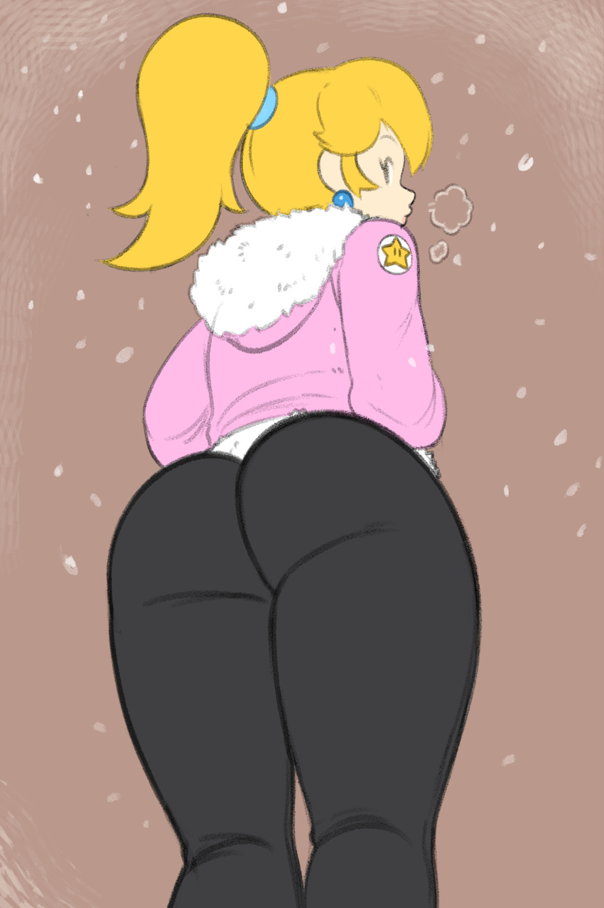 1girls alternate_costume ass back_view big_ass big_butt blonde_hair buttholemagick female hoodie mario_(series) mugimikey nintendo princess_peach solo streetwear tight_pants