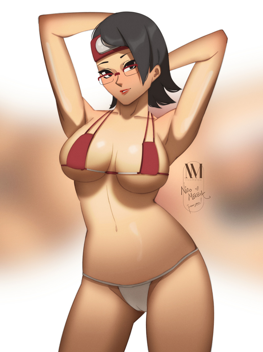 1girls alternate_breast_size armpits arms_behind_head arms_up big_breasts bikini bikini_bottom bikini_top black_eyes black_hair blush boruto:_naruto_next_generations busty cleavage clothed clothing female female_only g-string glasses highres human large_breasts light-skinned_female light_skin lipstick looking_at_viewer makeup micro_bikini naruto naruto_(series) nicomelba nose_blush panties partially_clothed pink_lips pink_lipstick pinup pose posing red_bikini revealing_clothes sarada_uchiha short_hair shounen_jump sideboob solo square_bikini standing swimsuit thighs thong underboob voluptuous white_panties white_thong wide_hips