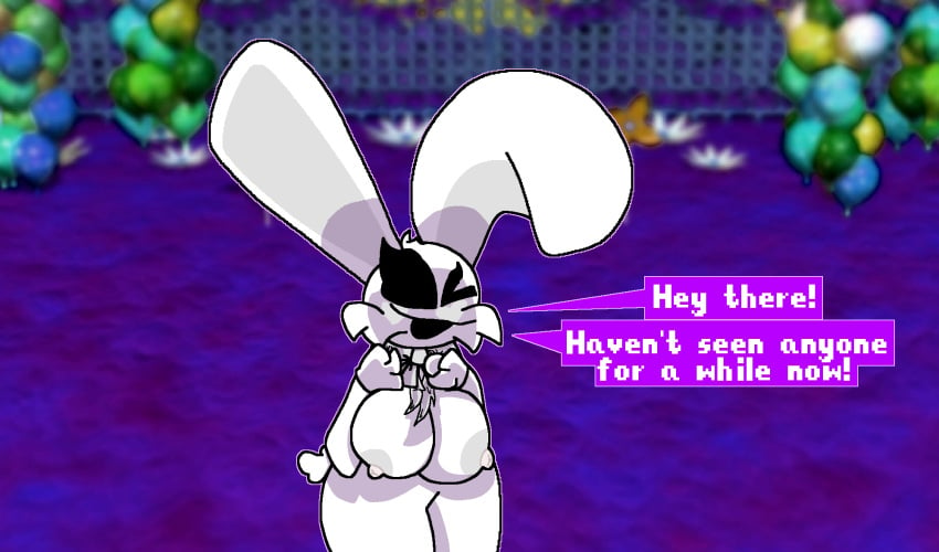 anthro big_breasts breasts chaoticdream cheek_tuft dialogue english_text facial_tuft female female_focus female_only five_nights_at_freddy's five_nights_at_freddy's_world heart looking_at_viewer nipples rabbit speech_bubble talking_to_viewer thick_thighs tuft white_rabbit_(fnaf)