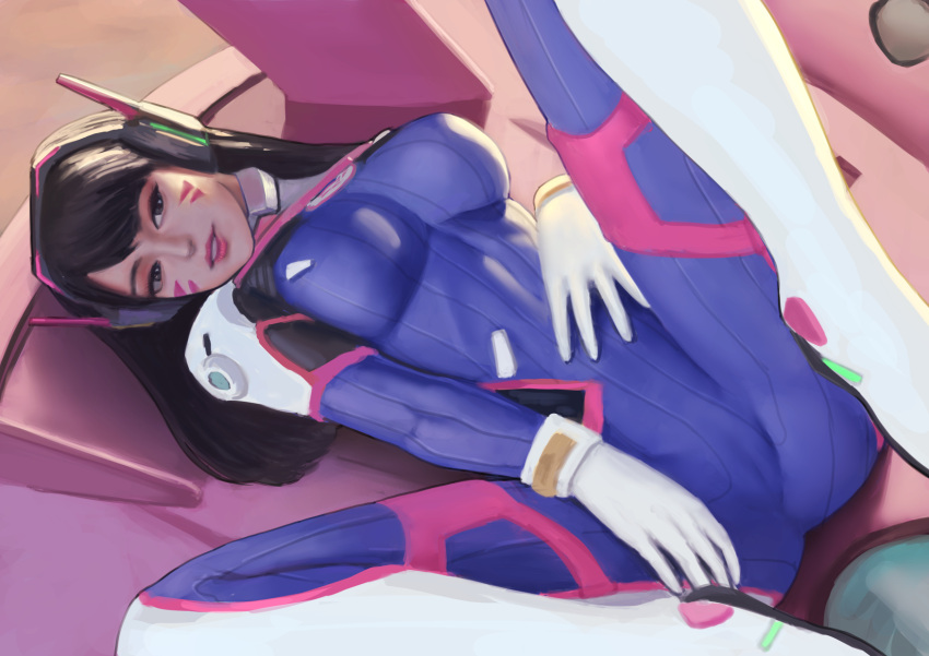 1girls blizzard_entertainment bodysuit cameltoe d.va large_breasts lips long_hair lying mezzo_(orbanga21) overwatch pose realistic skin_tight solo spread_legs