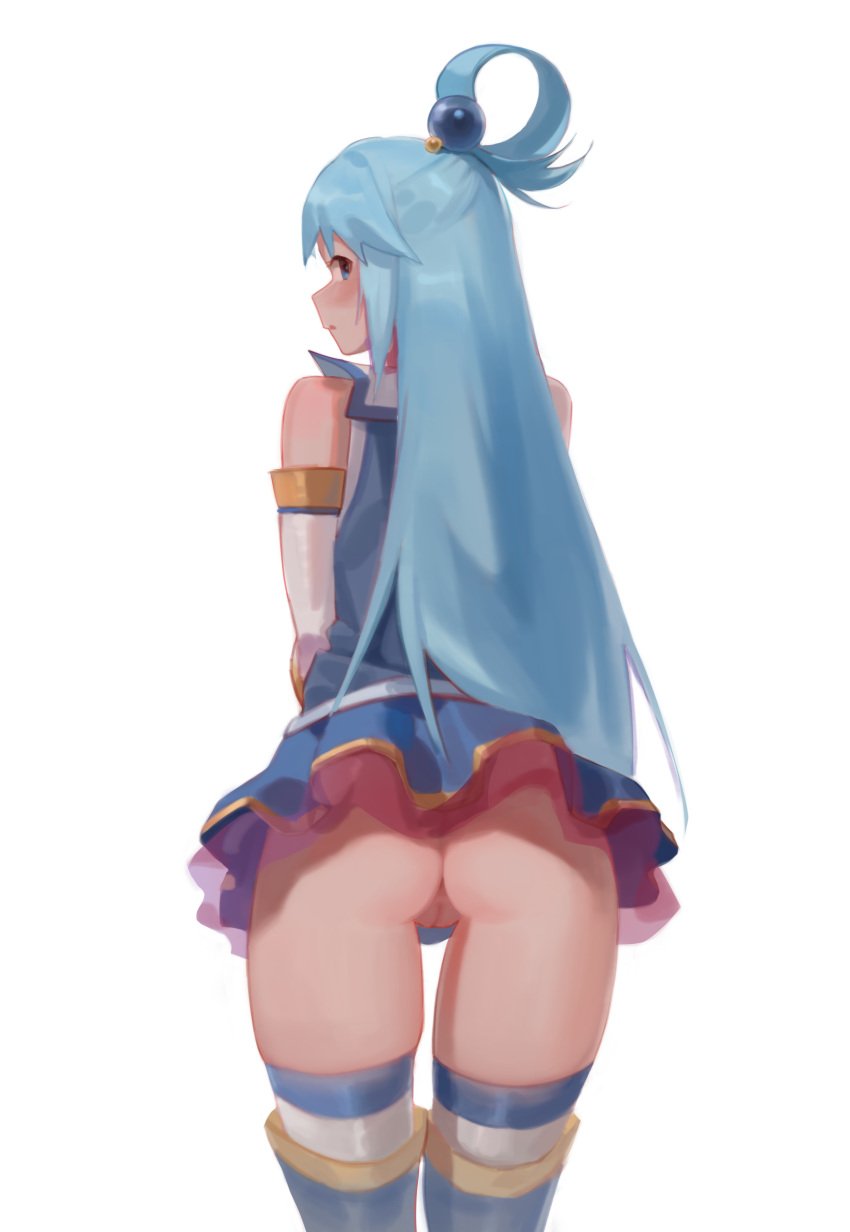 1girls absurdres aqua_(konosuba) ass blue_eyes blue_footwear blue_hair blue_skirt boots bottomless bottomless_skirt commentary cowboy_shot detached_sleeves female female_only from_behind hair_rings highres kono_subarashii_sekai_ni_shukufuku_wo! long_hair looking_at_viewer looking_back microskirt miniskirt no_panties parted_lips pussy simple_background skirt solo thigh_boots thigh_gap thighhighs toxic_(toxicv) uncensored upskirt white_background white_thighhighs