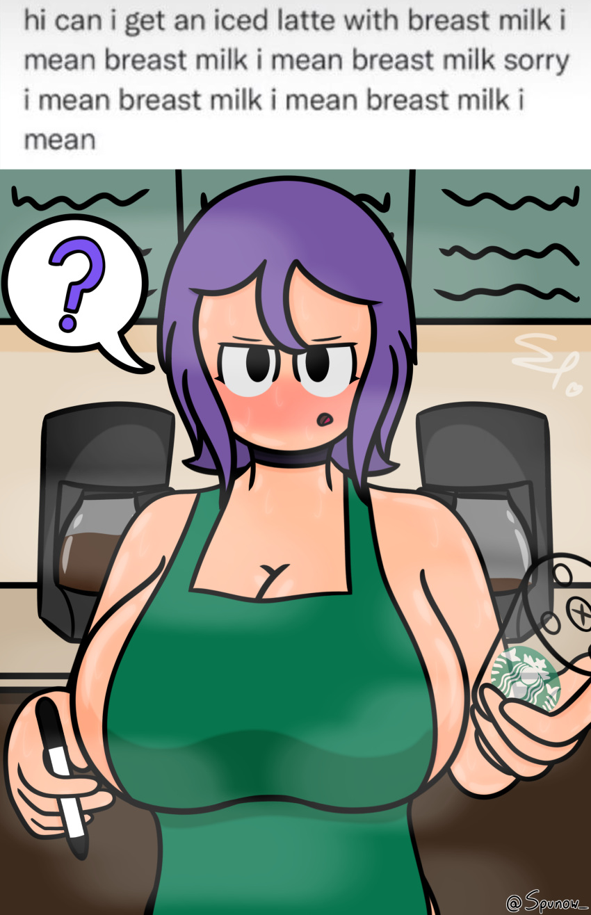 1girls 2021 ? apron black_eyes blush breast_focus choker confused female female_only huge_breasts iced_latte_with_breast_milk kate_(spunow) looking_at_viewer marker meme original original_character public purple_hair question_mark short_hair sideboob solo speech_bubble spoken_question_mark spunow_ starbucks tagme text text_bubble