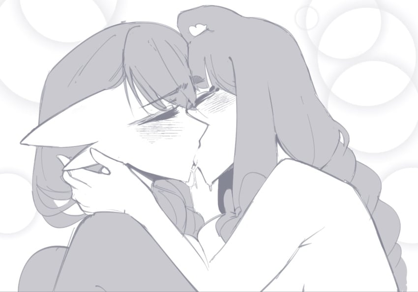 2girls bear_ears bear_girl beau_(luxurias) blush closed_eyes daisy_(luxurias) eyelashes female female_only gardevoir generation_3_pokemon hi_res kissing long_hair luxurias monochrome nintendo pokémon_(species) pokemon pokemon_(species) side_view white_background yuri