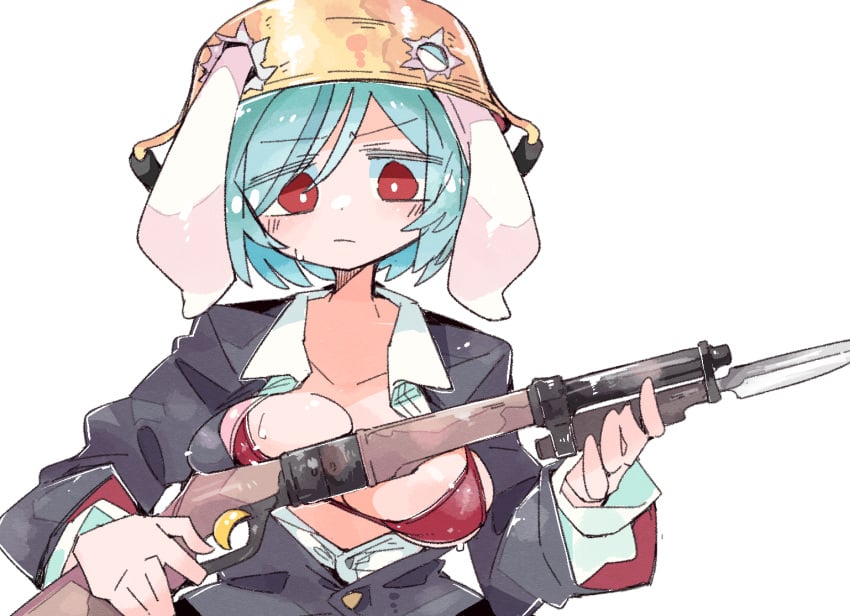 animal_ears bikini blue_hair blush breasts bright_pupils cleavage closed_mouth ears_through_headwear female gun hat long_sleeves looking_at_viewer massakasama military_hat rabbit_ears rabbit_girl red_bikini red_eyes reisen reisen_(touhou_bougetsushou) rifle short_hair simple_background solo swimsuit touhou upper_body weapon white_background white_pupils