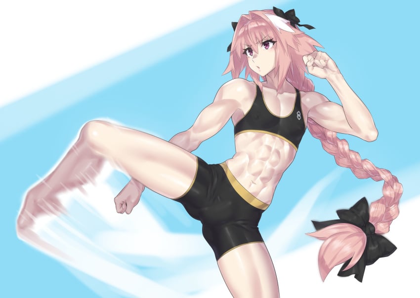 1boy abs astolfo_(fate) athletic_male barefoot belly_button calf_muscles crossdressing eight_pack fate/apocrypha fate/grand_order fate_(series) feet femboy kicking looking_at_viewer mizuumi_(bb) muscles muscular muscular_arms muscular_femboy muscular_legs muscular_male muscular_thighs navel pink_eyes pink_hair ponytail six_pack sports_bra sports_shorts stretching tomgirl trap