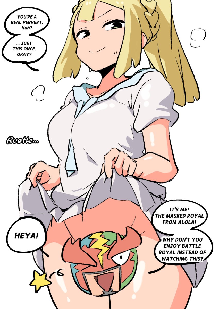 1girls aged_up blonde_hair curvy_hips curvy_thighs exposed_pussy female lifting_skirt light-skinned_female light_skin lillie_(pokemon) masked_royal pokemon pokemon_sm presenting_pussy solo sweat woohyoot