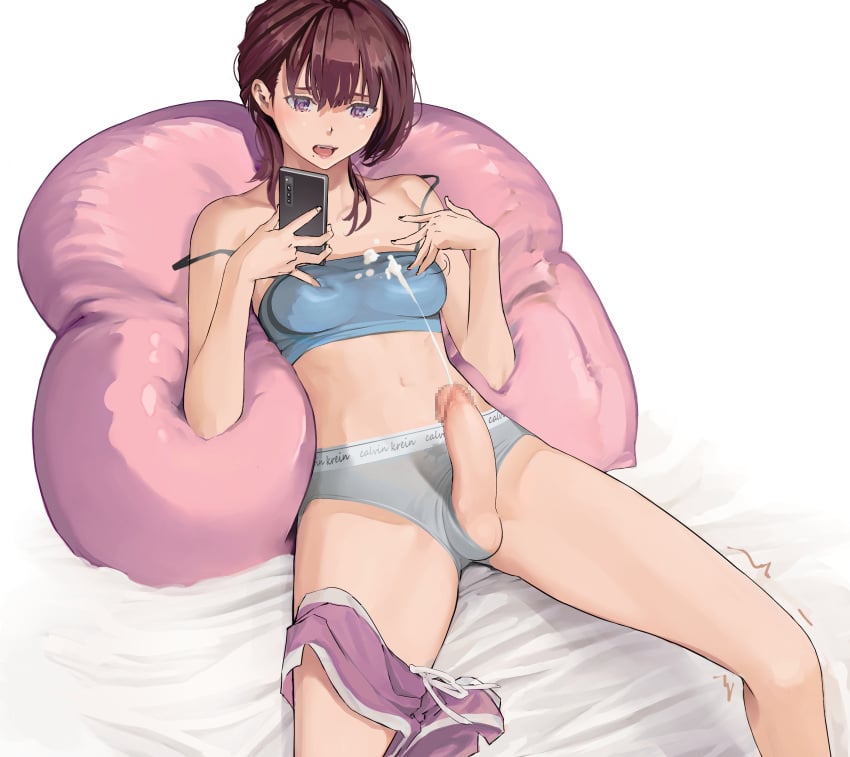 1futa balls big_penis breasts brown_hair cellphone censored clothed clothing cum dolphin_shorts ejaculation erection futa_only futanari grey_panties hands-free handsfree_ejaculation highres holding holding_phone human light-skinned_futanari light_skin lying medium_breasts medium_hair mole mole_under_eye mosaic_censoring mostly_clothed navel on_back open_mouth original panties panties_aside penis phone projectile_cum purple_eyes revision shiratama_(monster1553) shorts shorts_around_one_leg smartphone solo strap_slip underwear undressing