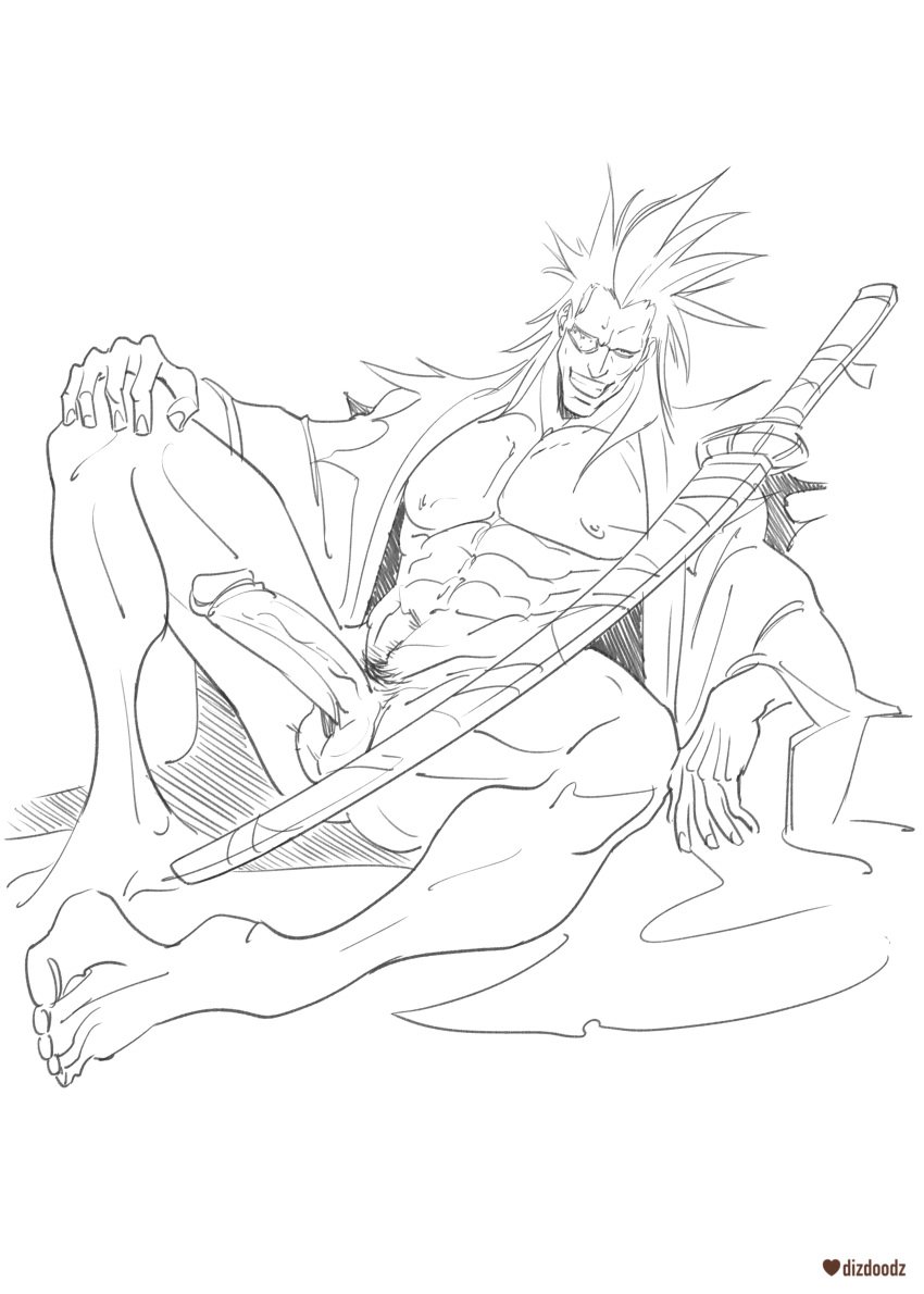 balls bara big_penis bleach boner dizdoodz erection eyepatch kenpachi_zaraki looking_at_viewer male male_only monochrome muscles muscular pantsless penis sitting solo solo_male spread_legs