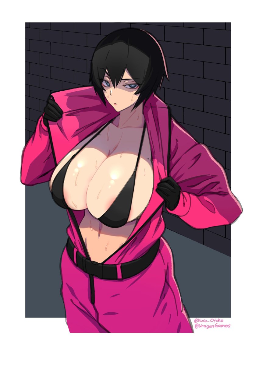 1girls big_breasts black_hair blue_eyes bra exposed exposed_breasts female female_focus female_only gloves human kuso_otoko looking_at_viewer netflix partially_clothed pink_guard short_hair simple_background solo squid_game sweat underwear uragongames