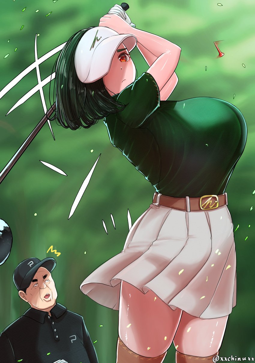 1boy 1girls 1male ^^^ artist_name artist_signature bakunyuu belt belt_buckle breasts brown_belt buckle bursting_breasts chinushroya closed_mouth cowboy_shot dark_green_hair female gloves golf golf_club golf_glove golf_outfit green_eyebrows green_hair green_shirt high_resolution highres huge_breasts hyper_breasts legwear light_frown looking_afar massive_breasts medium_hair orange_eyes original original_character outdoors overflowing_breasts pleated_skirt polo_shirt shiny shiny_skin shirt shirt_tucked_in short_sleeves sideboob single_glove skirt sport surprised surprised_expression swinging tented_shirt thick_eyebrows thighhighs tight_fit tight_shirt twitter_username visor web_address white_skirt xxchinuxx zettai_ryouiki