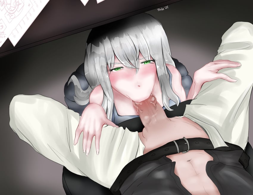 blowjob eye_contact fellatio final_fantasy final_fantasy_vii fringe green_eyes oc oral pov rufus_shinra shibs silver_hair under_the_table white_hair