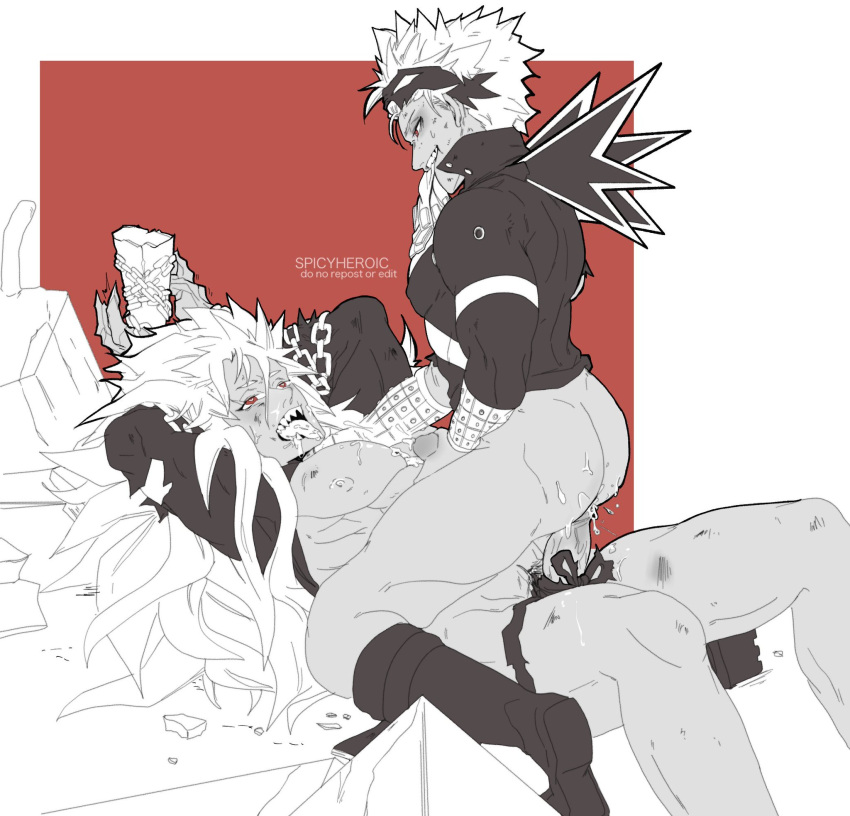 2boys anal anal_penetration anal_sex arms_behind_head asphyxiation ass bare_ass bodily_fluids boots chained chained_up chains cowboy_position cum cum_in_ass cum_on_body cum_on_chest cum_on_upper_body eijirou_kirishima gay genital_fluids hand_on_penis hero_outfit_(mha) katsuki_bakugou male male/male male_only male_penetrated male_penetrating male_penetrating_male masturbating masturbating_while_penetrated masturbation my_hero_academia neck_grab open_mouth penetration penis penis_grab penis_in_ass saliva saliva_on_tongue spicyheroic spiky_hair sweat sweatdrop tongue tongue_out yaoi